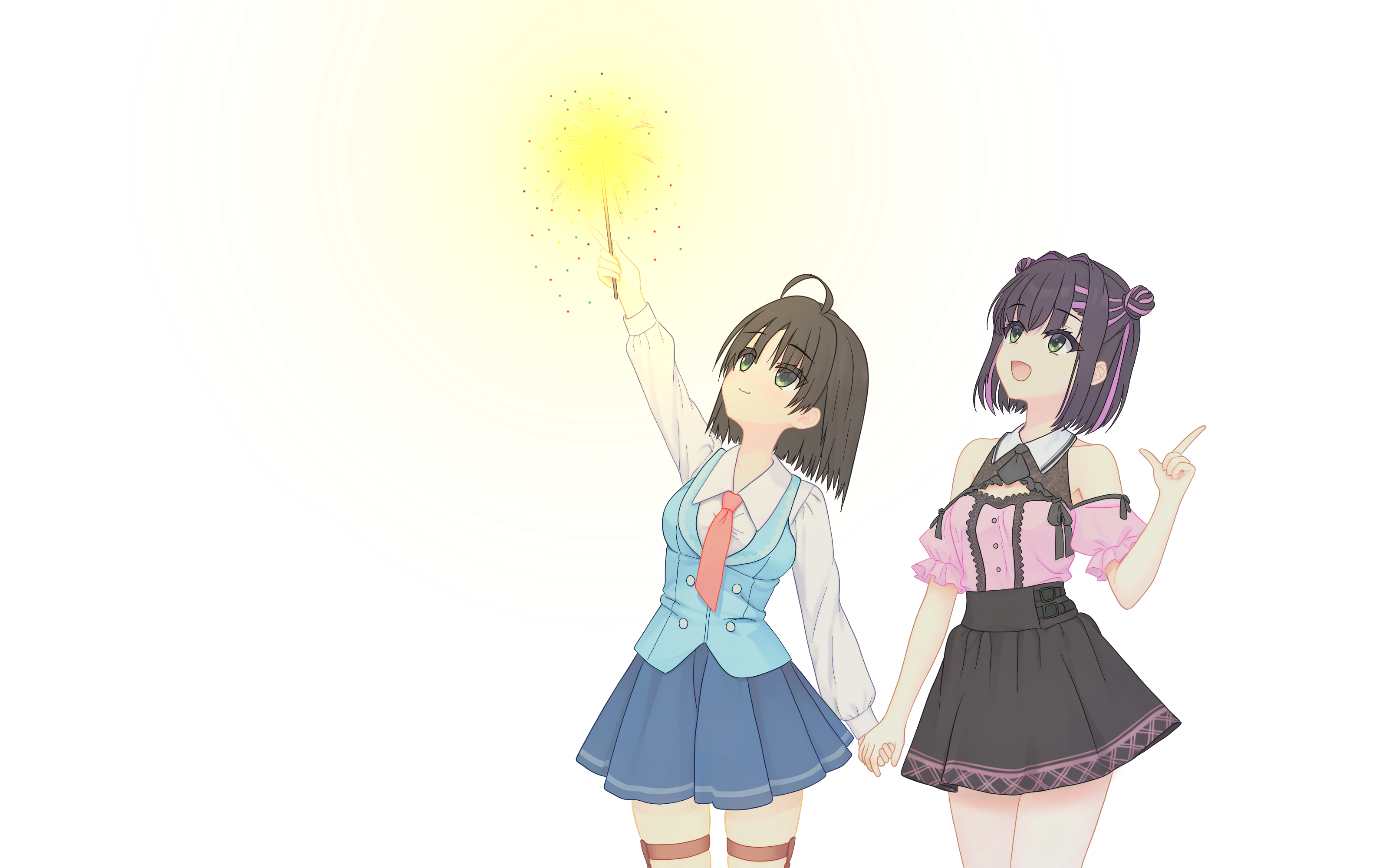 hitachi mako, nabari anju, limelight lemonade jam, senren banka, yuzusoft, absurdres, highres, 2girls, :d, ahoge, arm up, bare shoulders, black hair, black necktie, black skirt, blue skirt, blue vest, breasts, buttons, center frills, closed mouth, collared shirt, company connection, couple, cowboy shot, crossover, double-breasted, double bun, eyes visible through hair, frilled shirt, frilled sleeves, frills, green eyes, hair between eyes, hair bun, hair intakes, hand up, high-waist skirt, holding, holding fireworks, index finger raised, jirai kei, looking up, medium breasts, medium hair, miniskirt, multicolored hair, multiple girls, necktie, off-shoulder shirt, off shoulder, official alternate costume, official alternate hairstyle, open mouth, pink shirt, pleated skirt, puffy short sleeves, puffy sleeves, purple hair, red necktie, shirt, short necktie, short sleeves, simple background, skirt, smile, streaked hair, suger44n, thigh strap, transparent background, two-tone hair, vest, white shirt, yuri