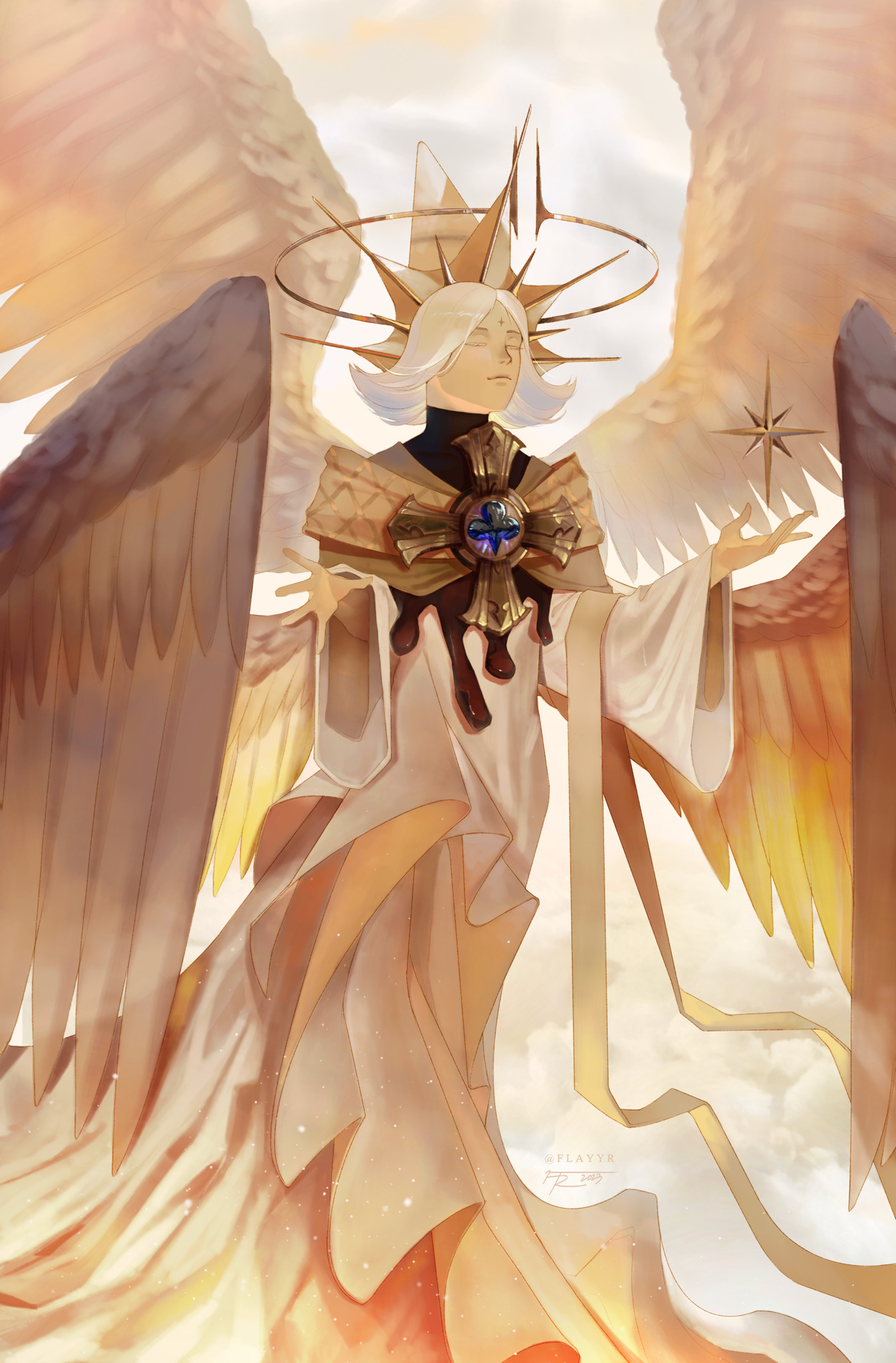 pure vanilla cookie, cookie run, cookie run: kingdom, highres, 1boy, black shirt, bob cut, brooch, closed eyes, colored tips, cowboy shot, facial mark, facing viewer, feathered wings, flayyrart, forehead mark, hair ornament, halo, hand up, jewelry, multicolored hair, multiple wings, object floating above hand, outstretched hand, personification, robe, shirt, solo, spread fingers, white hair, white wings, wings