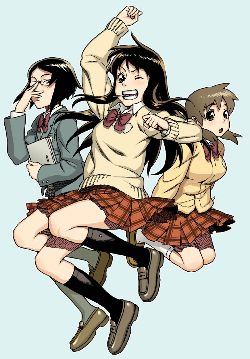 hijiri rei, 3girls, blazer, cardigan, cardigans, glasses, jacket, multiple girls, school uniform, serafuku, sweater