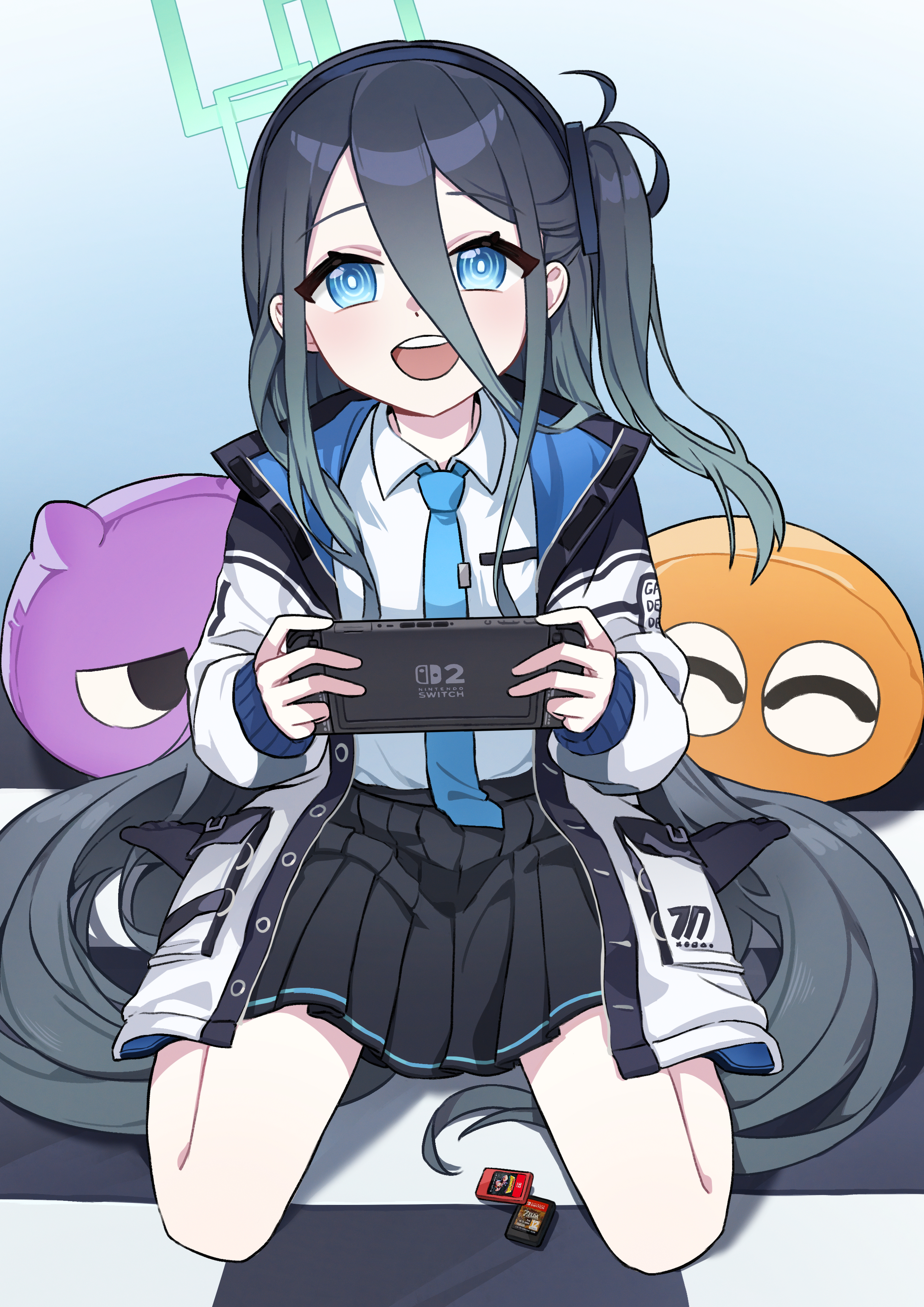 aris (blue archive), blue archive, absurdres, highres, 1girl, :d, absurdly long hair, black hair, black hairband, black skirt, blue eyes, blue necktie, bright pupils, checkered floor, collared shirt, full body, game cartridge, hair between eyes, hairband, halo, handheld game console, holding, jacket, long hair, long sleeves, looking at viewer, missing commentary, necktie, nintendo switch 2, on floor, one side up, open clothes, open jacket, open mouth, pleated skirt, school uniform, shirt, sitting, skirt, smile, solo, teeth, upper teeth only, very long hair, wariza, white pupils, white shirt, zfj