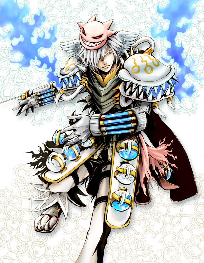 waganeya, genetic (ragnarok online), ragnarok online, commentary request, 1boy, armor, breastplate, closed mouth, feathered wings, flask, foot out of frame, gloves, hair over one eye, head wings, looking afar, male focus, mask, mask on head, pants, pauldrons, round-bottom flask, shoes, short hair, shoulder armor, solo, syringe, vial, white background, white eyes, white gloves, white hair, white pants, white shoes, white wings, wings