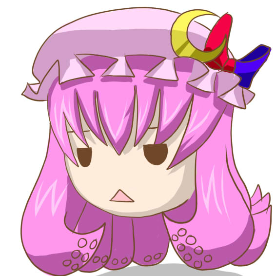 naru (pixiv224778), naru (zx-9r), megurine luka, patchouli knowledge, takoluka, touhou, vocaloid, :<, crescent hat ornament, female focus, hat, hat ornament, no humans, parody, purple hair, solo, tentacles, triangle mouth
