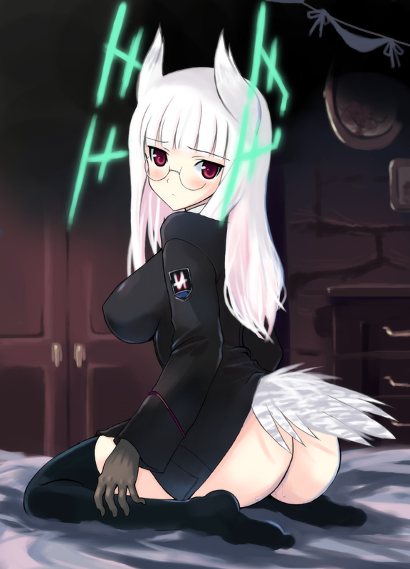 kyogoku shin, heidimarie w. schnaufer, strike witches, world witches series, 00s, 1girl, animal ears, ass, black thighhighs, female focus, glasses, gloves, head wings, hirschgeweih antennas, military, military uniform, red eyes, solo, tail, thighhighs, white hair, wings