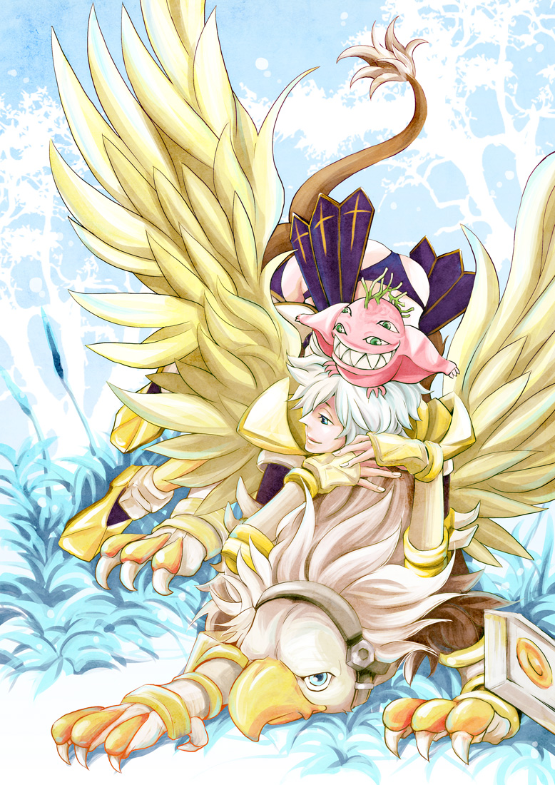 phreeoni, waganeya, gryphon (ragnarok online), royal guard (ragnarok online), ragnarok online, commentary request, 1girl, armor, blue background, closed mouth, creature, full body, gauntlets, green eyes, griffin, looking afar, panties, pauldrons, purple panties, riding, short hair, shoulder armor, solo, top-down bottom-up, underwear, white hair