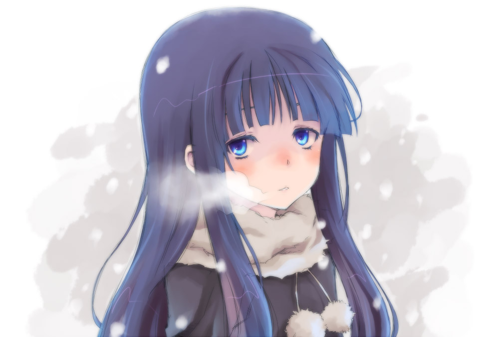 nekokun, furude rika, higurashi no naku koro ni, 00s, blue eyes, blue hair, breath, scarf, snow, solo