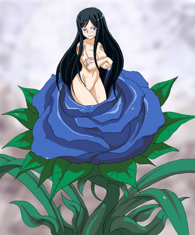 branzent, alraune, alura une, shanoa (castlevania), venus weed, castlevania: order of ecclesia, castlevania (series), 1girl, angry, black hair, blue eyes, blurry, blush, breasts, covering breasts, covering privates, depth of field, embarrassed, female focus, flower, groin, large breasts, leaf, long hair, looking at viewer, monster girl, navel, nude, nude cover, parted bangs, plant, plant girl, rose, sidelocks, solo, sweat, transformation, very long hair, wet