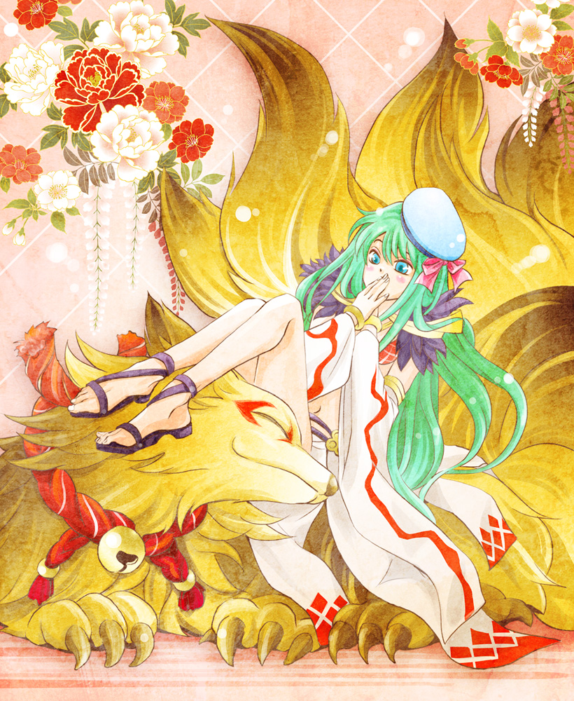 waganeya, sorcerer (ragnarok online), ragnarok online, commentary request, 1girl, belt, blue eyes, blush, closed mouth, detached sleeves, flower, fox, full body, green hair, kitsune, long hair, pink background, purple belt, purple sandals, red flower, sandals, sitting, skirt, smile, solo, toenails, white flower, white hair, white skirt, white sleeves