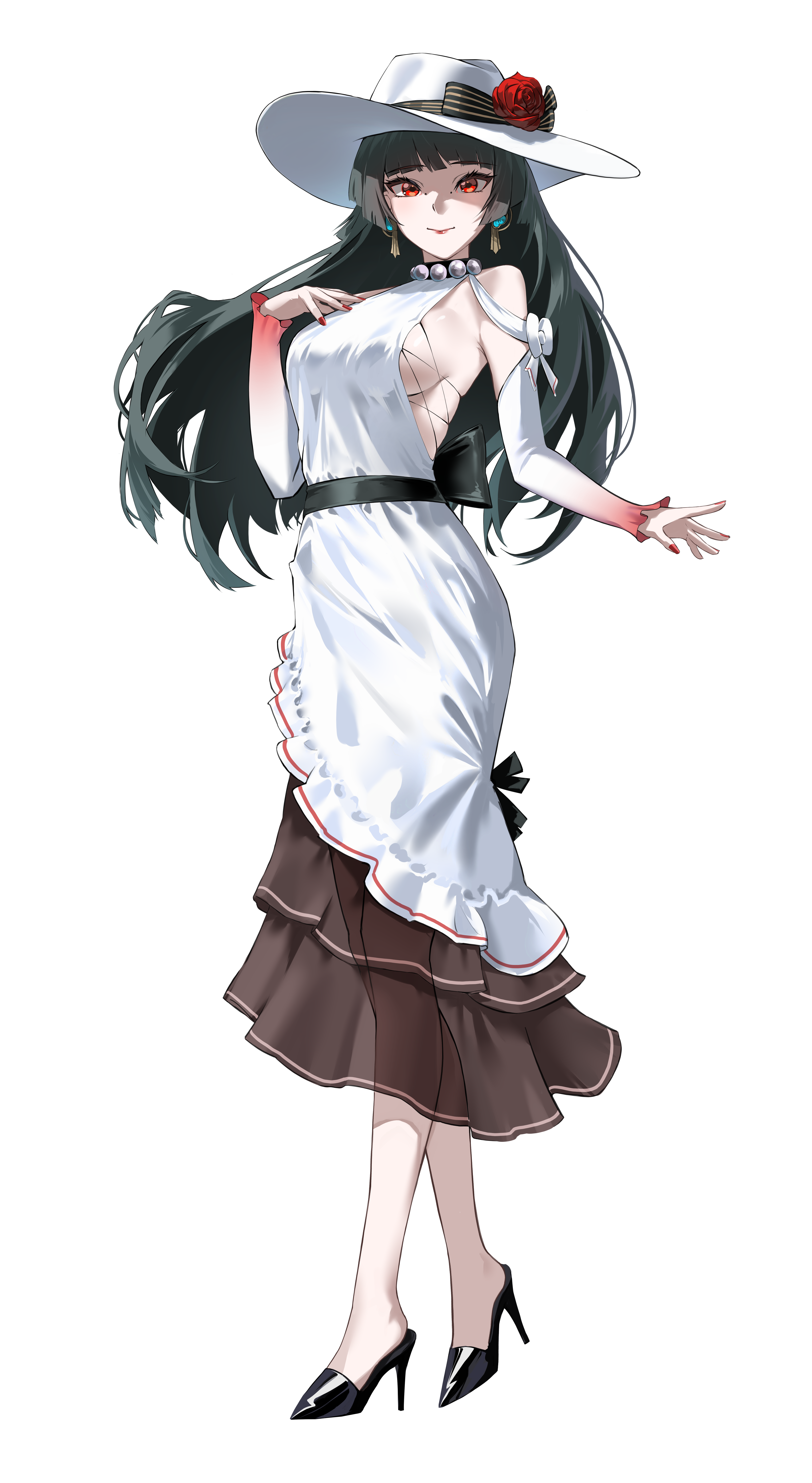 t3ku, astra yao, zenless zone zero, absurdres, highres, incredibly absurdres, 1girl, alternate costume, bare shoulders, black hair, black ribbon, black shoes, breasts, closed mouth, dress, earrings, flower, full body, hand on own chest, hat, high heels, jewelry, large hat, long hair, looking at viewer, pearl choker, red eyes, red nails, ribbon, rose, see-through clothes, shoes, sideboob, simple background, smile, solo, uneven bangs, white background, white dress, white hat, white ribbon