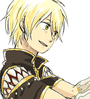 creator (ragnarok online), ragnarok online, commentary request, lowres, 1boy, black cape, blonde hair, cape, gloves, looking afar, male focus, open mouth, short hair, silo-gz, simple background, smile, solo, upper body, white background, white gloves, yellow eyes