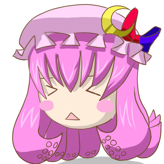 naru (pixiv224778), naru (zx-9r), megurine luka, patchouli knowledge, takoluka, touhou, vocaloid, > <, :<, closed eyes, crescent hat ornament, female focus, hat, hat ornament, no humans, parody, purple hair, solo, tentacles, triangle mouth