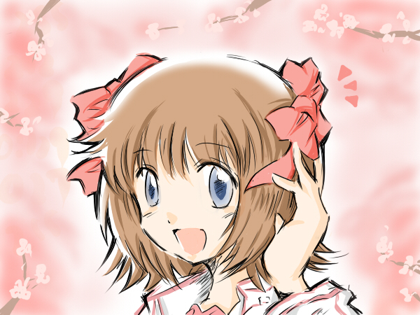 amami haruka, idolmaster, idolmaster (classic), idolmaster 1, non-web source, 00s, 1girl, blue eyes, brown hair, cherry blossoms, female focus, short hair, solo