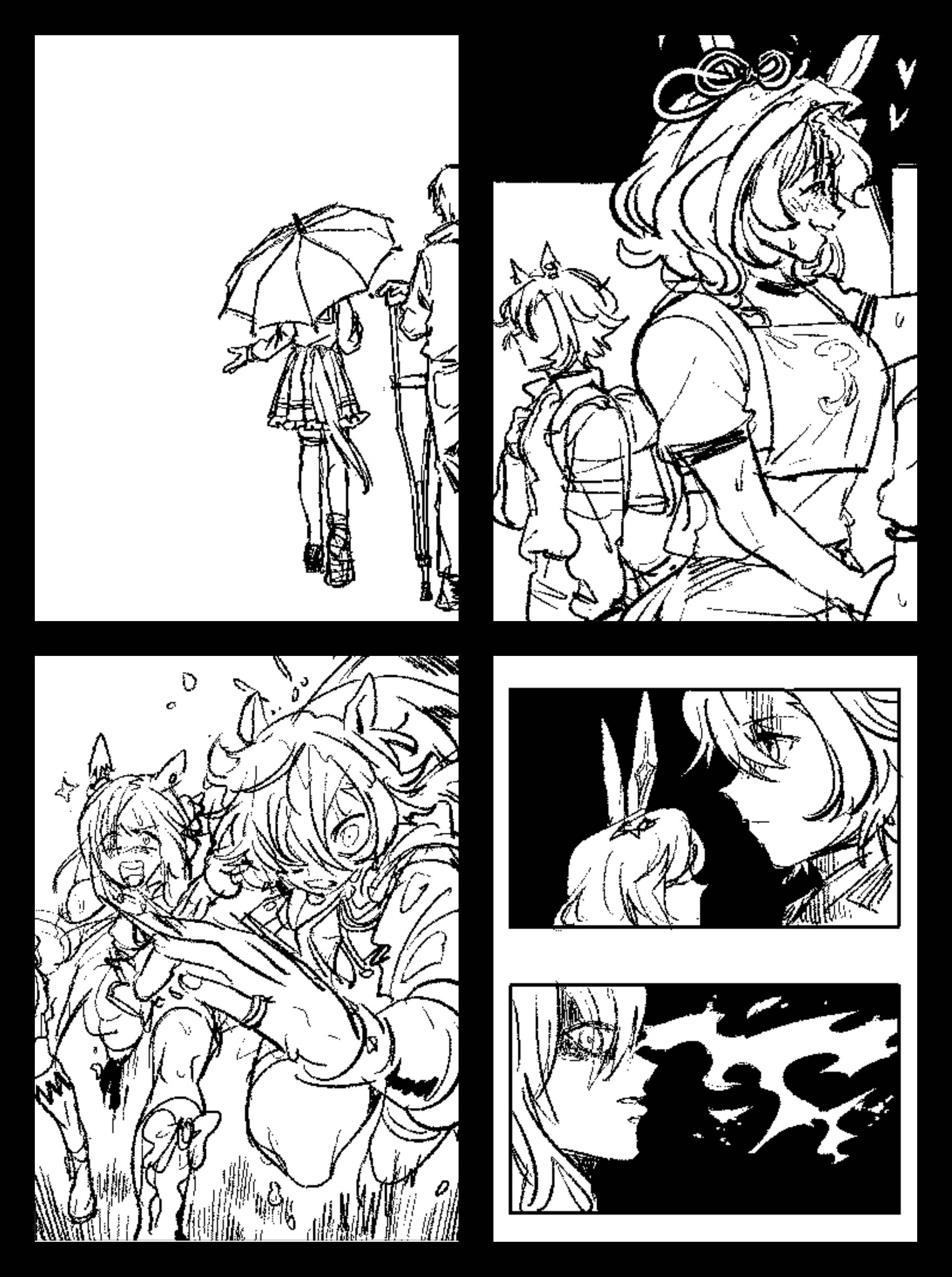 meisho doto (umamusume), narita top road (the proud road) (umamusume), narita top road (umamusume), t.m. opera o (o sole suo!) (umamusume), t.m. opera o (umamusume), trainer (umamusume), umamusume, umamusume: road to the top, absurdres, commentary request, highres, korean commentary, 1boy, 3girls, animal ears, blush, boots, bow, clenched teeth, closed eyes, closed mouth, crown, crutch, ear ribbon, ear through crown, faceless, faceless female, fingernails, floating cape, footwear bow, frilled skirt, frills, from behind, greyscale, hair over one eye, high-waist skirt, holding, holding crutch, holding umbrella, horse ears, horse girl, horse tail, jewelry, knee boots, long hair, long sleeves, mini crown, miniskirt, monochrome, multiple girls, newtype flash, otkflbst, pleated skirt, pointy nose, racing, ring, running, school uniform, shaded face, shirt, shoes, skirt, sneakers, sparkle, sweat, t-shirt, tail, teeth, thighhighs, tracen school uniform, umbrella, umbrella over shoulder, vest, zettai ryouiki