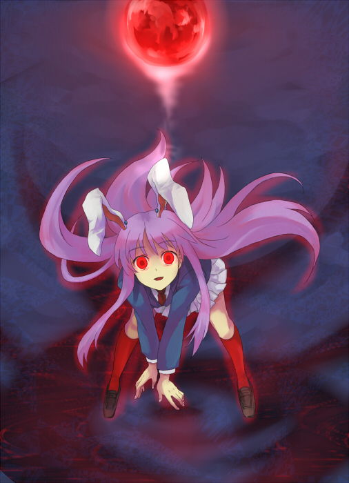 ayinusu00, nanai (ayinusu00), reisen udongein inaba, touhou, bad id, bad pixiv id, 1girl, animal ears, female focus, glowing, glowing eyes, long hair, moon, pink hair, purple hair, rabbit ears, red eyes, red moon, solo