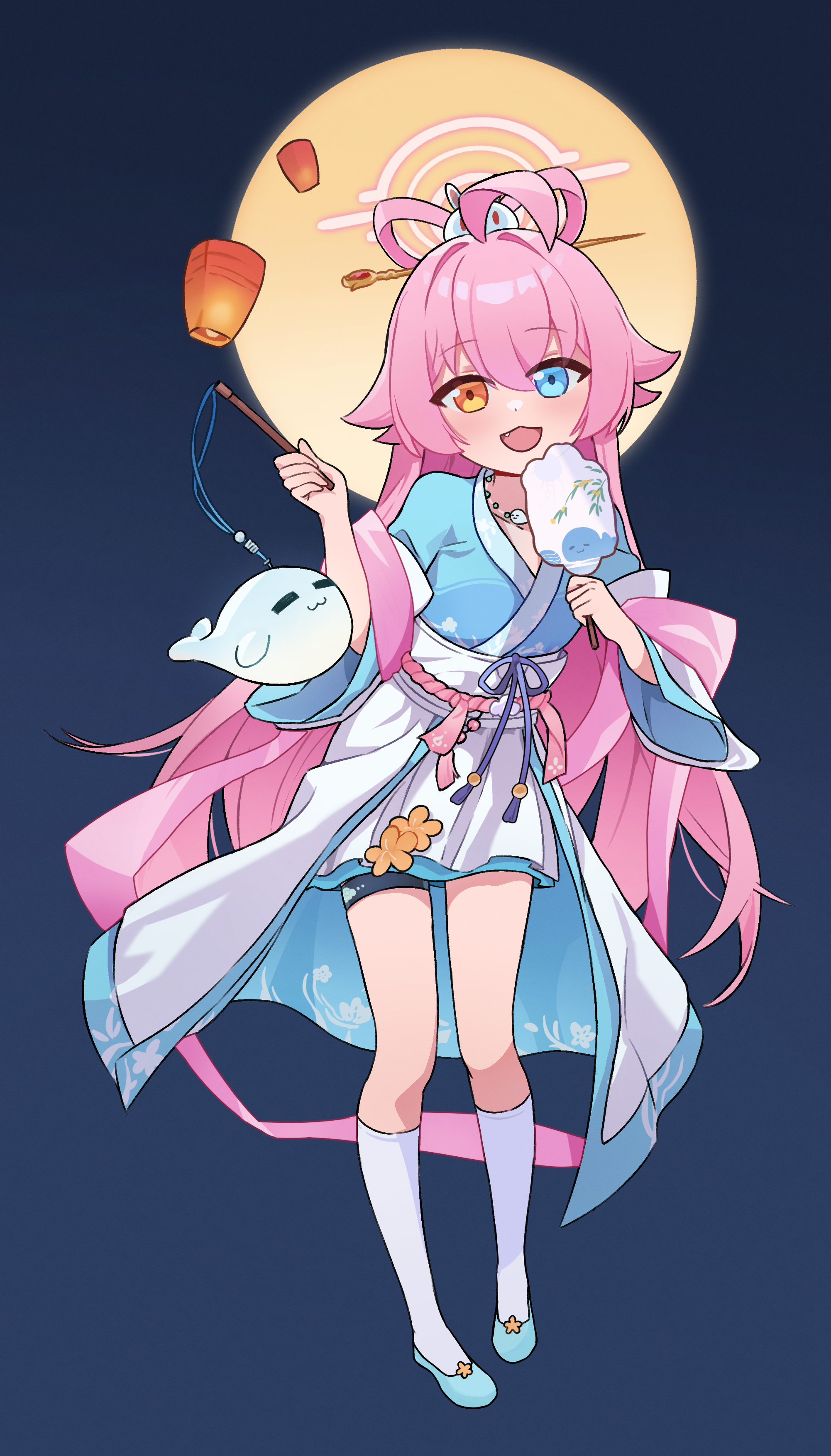 hoshino (blue archive), blue archive, absurdres, highres, 1girl, :d, ahoge, blue eyes, chinese clothes, fang, feixianji (hairstyle), full body, full moon, hair ornament, hair rings, halo, hand fan, hanfu, heterochromia, holding, hoshino (mid-autumn festival) (blue archive), jiaoling ruqun, kneehighs, long hair, long sleeves, looking at viewer, moon, open mouth, pink hair, simple background, smile, socks, solo, tuanshan, yellow eyes, zfj