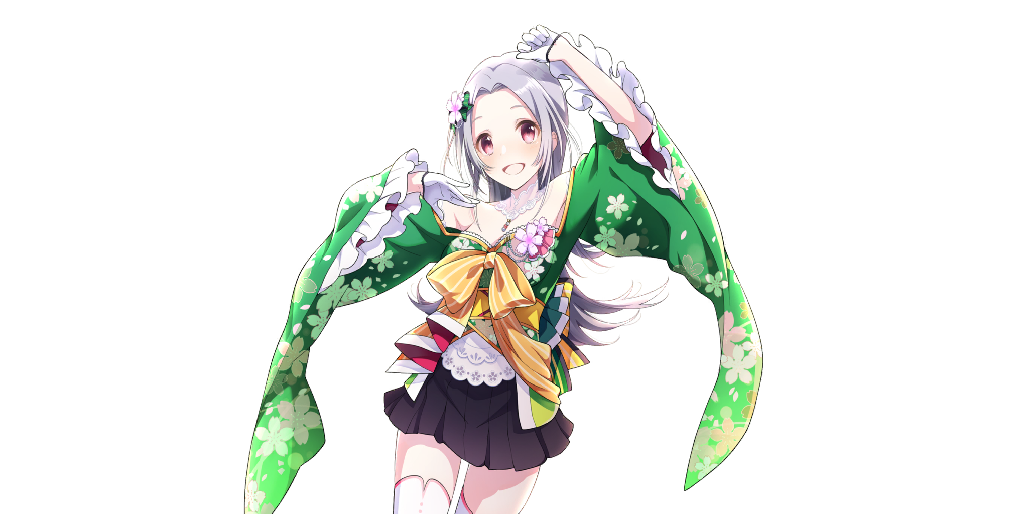 nadeshiko (lapis re:lights), lapis re:lights, game cg, highres, official art, third-party source, 1girl, :d, arm up, black skirt, blush, breasts, cowboy shot, detached collar, floral print, floral print kimono, flower, forehead, frilled kimono, frills, gloves, green kimono, hair flower, hair ornament, hand up, japanese clothes, kimono, long hair, medium breasts, obi, off shoulder, open mouth, pink flower, print kimono, purple hair, red eyes, sash, simple background, skirt, smile, solo, thighhighs, transparent background, white gloves, white thighhighs, wide sleeves, yellow sash