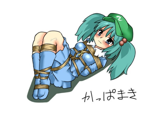 lilish, kawashiro nitori, touhou, 1girl, arms behind back, bdsm, bondage, bound, box tie, breast bondage, breasts, female focus, hair bobbles, hair ornament, rope, solo, two side up