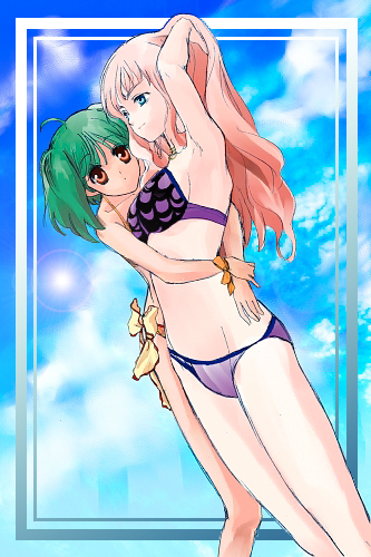 elsman, ranka lee, sheryl nome, macross, macross frontier, bad id, bad pixiv id, lowres, 00s, 2girls, bikini, blue eyes, hug, long hair, multiple girls, pink hair, red eyes, short hair, swimsuit, yuri