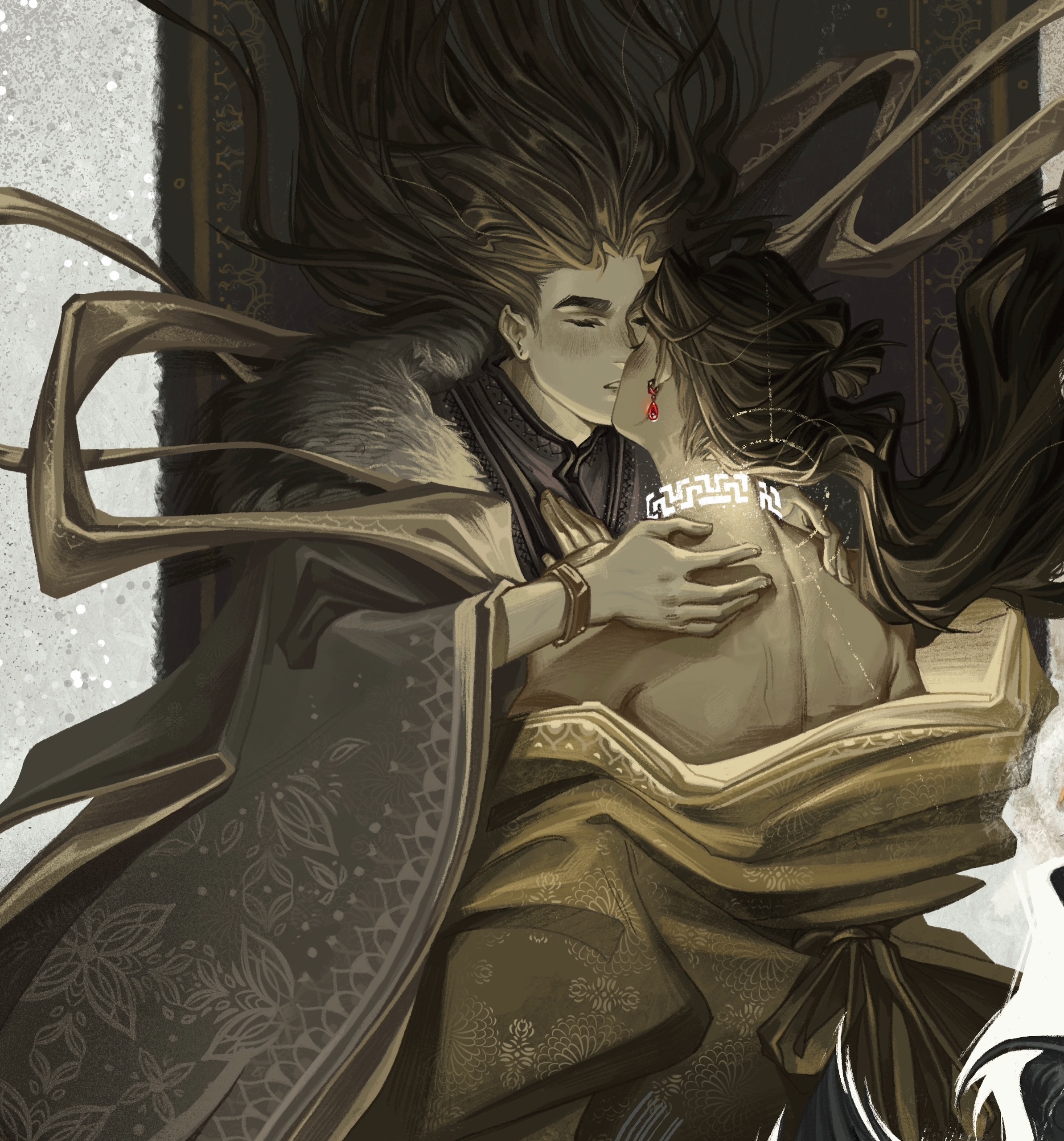 amonimy, jun wu, xie lian, xie lian (flower crowned martial god), tianguan cifu, absurdres, highres, 2boys, bare back, blush, bracelet, brown hair, brown hanfu, brown shawl, brown theme, chinese clothes, cloak, closed eyes, cursed shackle, earrings, floating hair, floral print, from behind, fur-trimmed cloak, fur trim, gem, gold, gold bracelet, grey background, hair bun, hand on another's chest, jewelry, kiss, long hair, male focus, multiple boys, ornate clothes, red gemstone, russian commentary, sepia, shawl, single hair bun, undressing