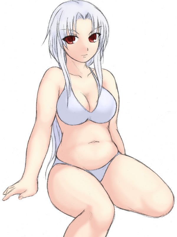 soujou, bad id, bad pixiv id, bikini, hip focus, long hair, red eyes, solo, swimsuit, white bikini, white hair, wide hips