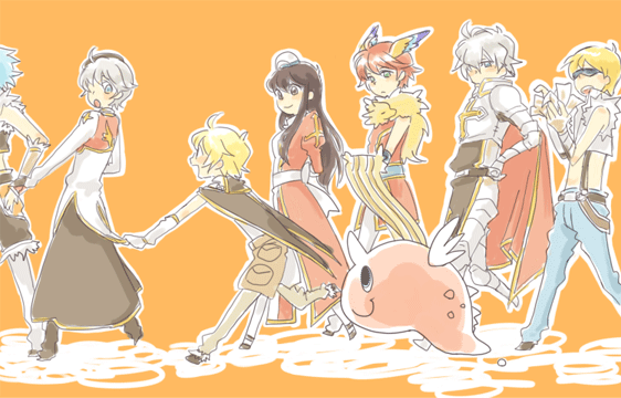 creator (ragnarok online), high priest (ragnarok online), lord knight (ragnarok online), professor (ragnarok online), sniper (ragnarok online), vanilmirth (ragnarok online), whitesmith (ragnarok online), ragnarok online, commentary request, 1girl, 6+boys, armor, blonde hair, blue eyes, blue pants, blush, breastplate, brown cape, brown eyes, brown hair, brown pants, cape, closed mouth, crop top, dixie cup hat, dress, full body, grey hair, hair over one eye, hat, head wings, long hair, looking at another, military hat, multiple boys, open mouth, orange background, orange wings, pants, pauldrons, pink cape, pink dress, pink hair, pink shirt, shirt, short hair, shoulder armor, silo-gz, simple background, slime (creature), smile, sunglasses, walking, white hat, white shirt, wings