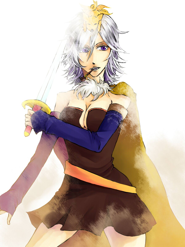 alchemist (ragnarok online), ragnarok online, commentary request, 1girl, animal, animal on head, belt, blue sleeves, breasts, brown cape, brown dress, cape, cleavage, cowboy shot, detached sleeves, dress, fox, grey hair, hair between eyes, long bangs, looking afar, medium breasts, medium hair, on head, purple eyes, short dress, simple background, smoking pipe, solo, strapless, strapless dress, uri.., white background, yellow belt
