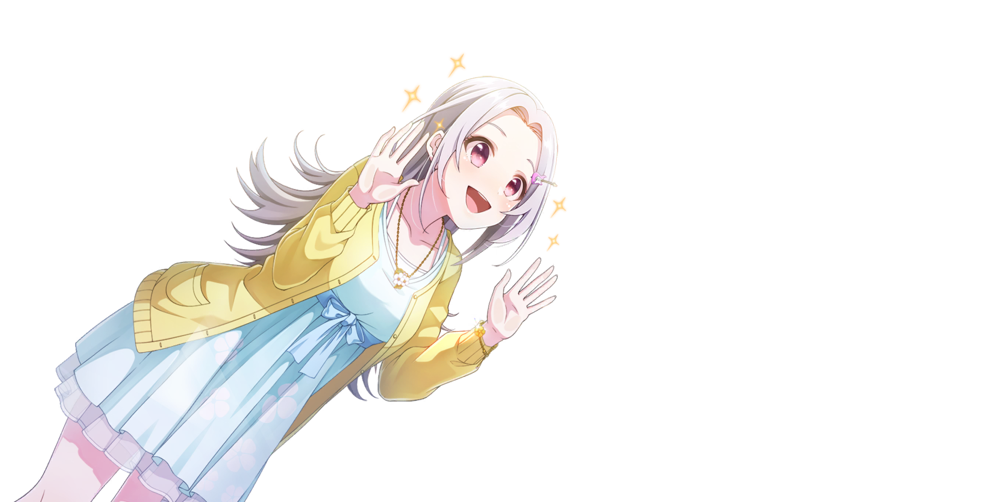 nadeshiko (lapis re:lights), lapis re:lights, game cg, highres, official art, third-party source, 1girl, blue dress, breasts, collarbone, dress, dutch angle, floral print, floral print dress, forehead, hair intakes, hair ornament, hairclip, hands up, jacket, jewelry, long hair, long sleeves, medium breasts, necklace, open clothes, open jacket, open mouth, print dress, purple hair, red eyes, simple background, smile, solo, sparkle, teeth, transparent background, upper teeth only, yellow jacket