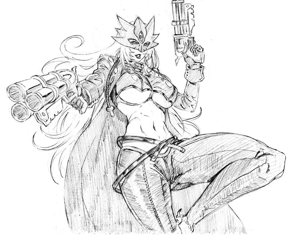 rakusakugk, beelstarmon, digimon, 1girl, ankle gun, belt, black gloves, black mask, black pants, blonde hair, blue mask, breasts, coat, cropped vest, derringer, digimon (creature), eye mask, gloves, greyscale, gun, hair between eyes, handgun, holding, holding gun, holding weapon, jacket, kubo tite (style), large breasts, leather, leather jacket, leather pants, long hair, long sleeves, looking at viewer, mask, monochrome, multiple-barrel gun, navel, open mouth, pants, simple background, sketch, solo, thighs, third eye, tight clothes, tight pants, underboob, vest, weapon, white background