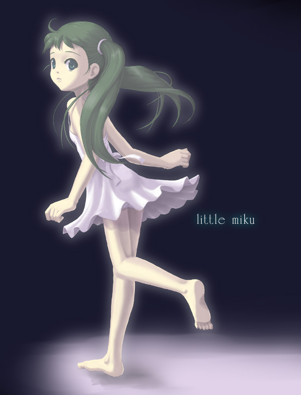 harak, hatsune miku, vocaloid, aged down, barefoot, child, dress, feet, looking back, soles, solo, toes