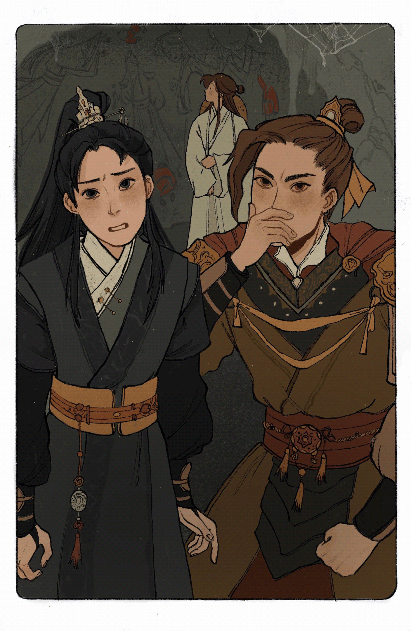 yaroslava murashko, feng xin, mu qing (tianguan cifu), xie lian, tianguan cifu, highres, official art, 3boys, armor, black eyes, black hair, black hanfu, border, bracer, brown eyes, brown hair, brown hanfu, cape, chinese clothes, chinese hairpin, clenched hand, covering own mouth, grimace, hair bun, hair ribbon, hand over own mouth, hanfu, hat, hat on back, high collar, high ponytail, layered clothes, long hair, long sleeves, male focus, multiple boys, mural, orange cape, ponytail, ribbon, rice hat, rounded corners, sash, shoulder armor, sidelocks, silk, single hair bun, spider web, tassel, topknot, white border, white hanfu, wide sleeves, xiao guan (headdress), yellow ribbon