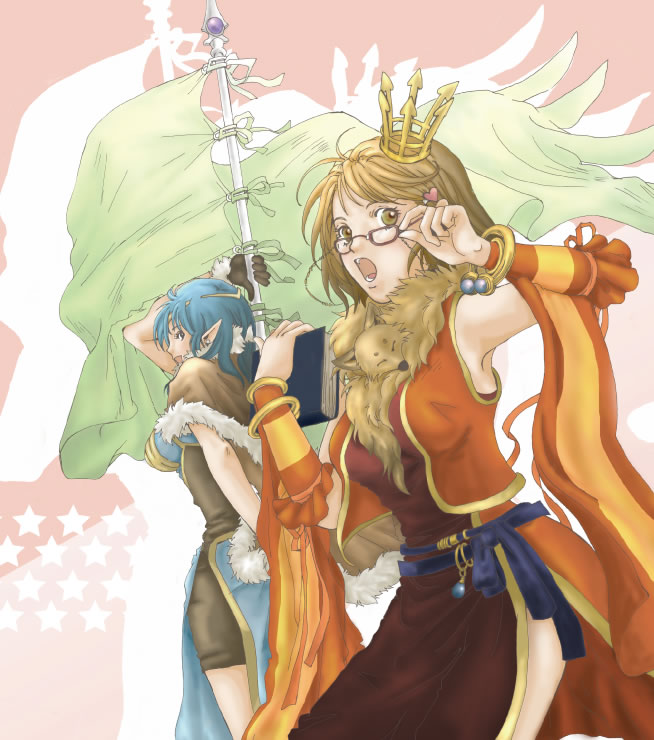 yamizaki miko, high wizard (ragnarok online), professor (ragnarok online), ragnarok online, commentary request, 2girls, adjusting eyewear, animal, animal around neck, blue dress, blue hair, breasts, brown cape, brown dress, brown eyes, brown gloves, brown hair, cape, cowboy shot, crown, detached sleeves, dress, flag, fox, fur-trimmed cape, fur-trimmed gloves, fur trim, gloves, holding, holding flag, layered dress, looking at viewer, medium breasts, mini crown, multiple girls, open mouth, pink background, pointy ears, red dress, red sleeves, short hair, sleeveless, sleeveless dress, striped sleeves, two-tone dress, yellow sleeves