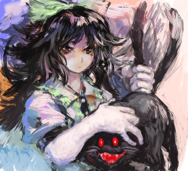 binayu, kaenbyou rin, kaenbyou rin (cat), reiuji utsuho, touhou, 1girl, black hair, female focus, hair ribbon, headpat, red eyes, ribbon, solo