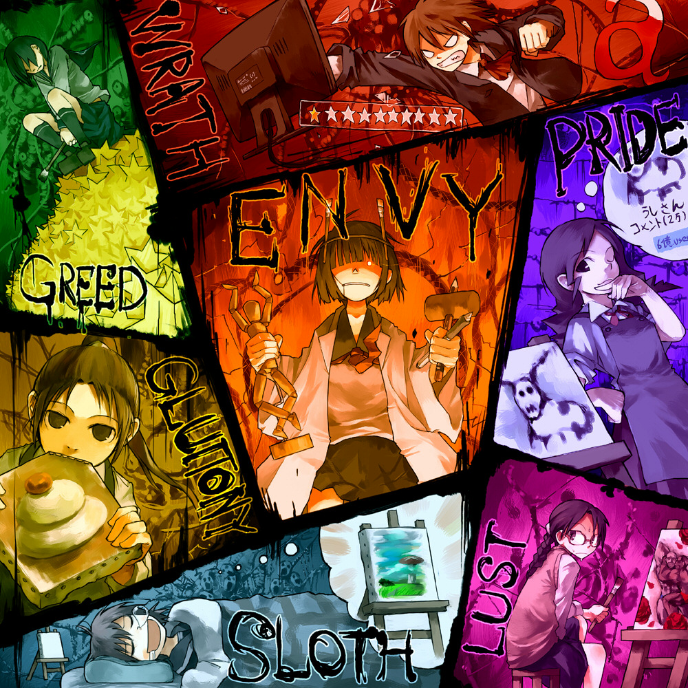 gregorius yamada, envy (deadly sins), gluttony (deadly sins), greed (deadly sins), lust (deadly sins), pride (deadly sins), sloth (deadly sins), wrath (deadly sins), original, pixiv, 6+girls, angry, art brush, canvas (object), easel, eating, english text, female focus, kagami mochi, monitor, multiple girls, one eye closed, paintbrush, painting (action), seven deadly sins, sleeping, star (symbol), wink