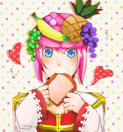 arch bishop (ragnarok online), ragnarok online, commentary request, 1girl, banana, blue eyes, blush, bread, bread slice, cross, dress, food, food in mouth, fruit, fruit hat ornament, grapes, heart, long sleeves, looking at viewer, mouth hold, oekaki, pineapple, pink hair, polka dot, polka dot background, red dress, short hair, solo, toast, toast in mouth, two-tone dress, upper body, wasabira, white background, white dress