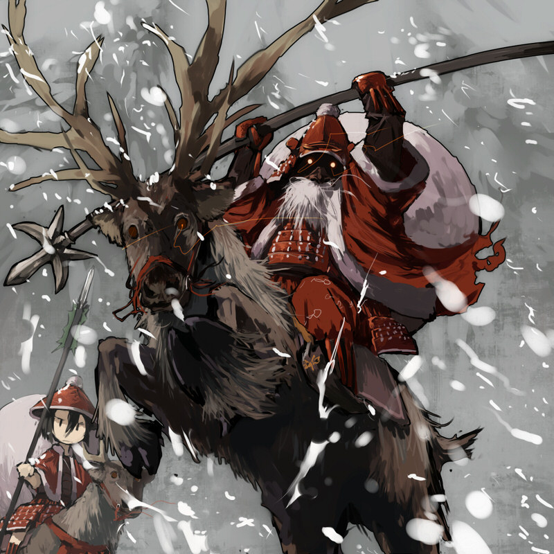 gregorius yamada, santa claus, original, 2boys, antlers, armor, bag, beard, christmas, facial hair, glowing, glowing eyes, hat, helmet, hooves, horns, japanese armor, juumonji yari, kabuto (helmet), kusazuri, male focus, mask, mistletoe, multiple boys, polearm, reindeer, riding, saddle, samurai, santa costume, santa hat, snow, spear, trident, weapon, yari