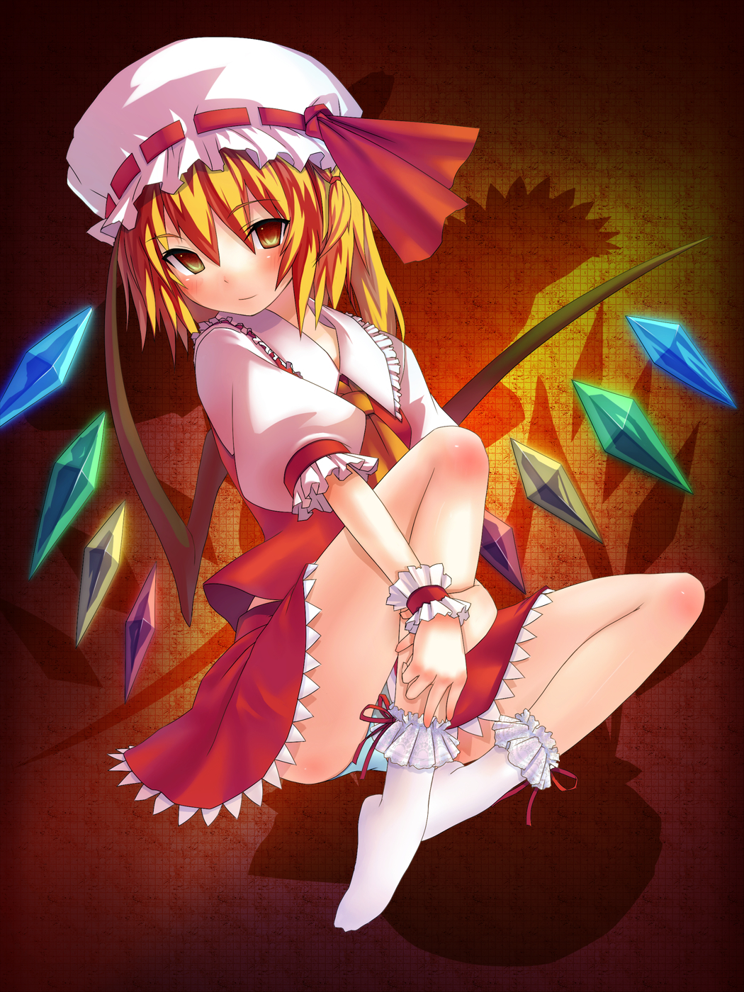 eho (icbm), kaiho, flandre scarlet, touhou, bad id, bad pixiv id, highres, 1girl, blonde hair, blue panties, feet, female focus, frills, hat, hugging own legs, panties, red eyes, ribbon, sitting, socks, solo, underwear, wings, wrist cuffs, yellow eyes