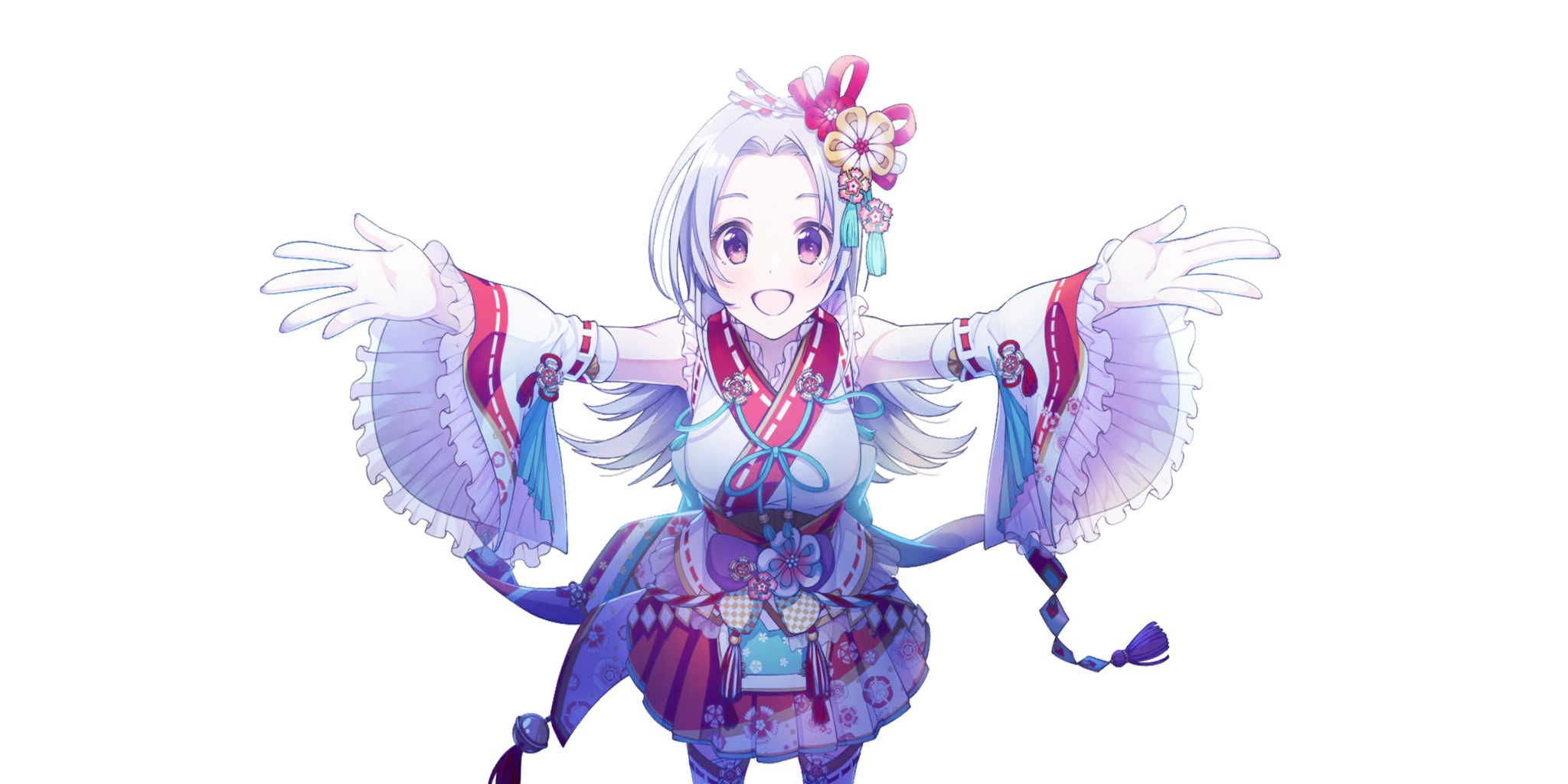 nadeshiko (lapis re:lights), lapis re:lights, game cg, highres, official art, third-party source, 1girl, :d, breasts, cowboy shot, detached sleeves, dot nose, floral print, floral print kimono, forehead, frilled kimono, frilled sleeves, frills, hair intakes, hair ornament, japanese clothes, kimono, long hair, looking at viewer, medium breasts, nontraditional miko, open mouth, outstretched arms, print kimono, purple eyes, purple hair, simple background, sleeveless, sleeveless kimono, smile, solo, tassel, transparent background, white kimono, wide sleeves