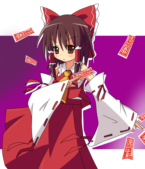 hinata ichi, hakurei reimu, touhou, bad id, bad pixiv id, 1girl, black hair, bow, brown eyes, brown hair, detached sleeves, female focus, japanese clothes, miko, ofuda, sarashi, short hair, solo