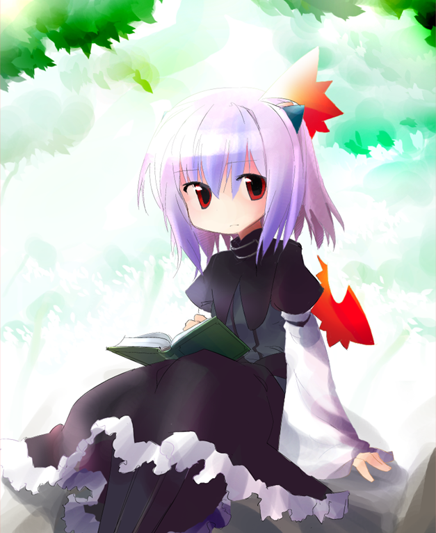 usada o, tokiko (touhou), touhou, 1girl, book, female focus, head wings, horns, multicolored hair, outdoors, plant, red eyes, sitting, solo, tree, wings