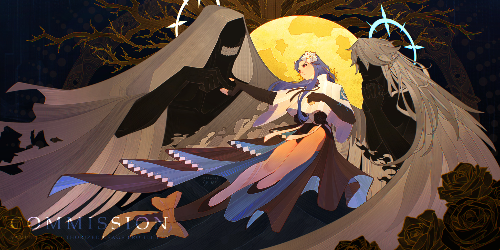 dizzy (guilty gear), queen dizzy, guilty gear, guilty gear strive, highres, 1girl, 2others, bare tree, black gloves, branch, capelet, cloak, dress, elbow gloves, expressionless, fingerless gloves, flayyrart, flower, full body, gloves, grin, hair flower, hair flowing over, hair ornament, hair over shoulder, head tilt, layered dress, long hair, looking at another, multiple others, outstretched hand, purple hair, red eyes, smile, sun behind head, teeth, torn clothes, tree, very long hair, white capelet, white cloak, white hair