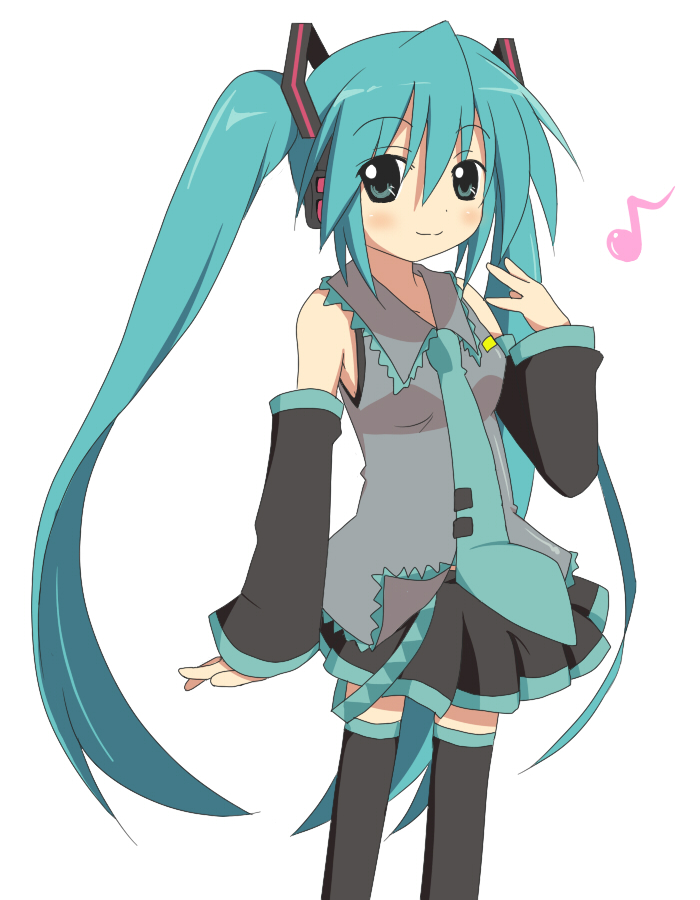 hinata ichi, hatsune miku, vocaloid, bad id, bad pixiv id, 1girl, aqua eyes, aqua hair, detached sleeves, female focus, long hair, musical note, necktie, skirt, solo, thighhighs, twintails