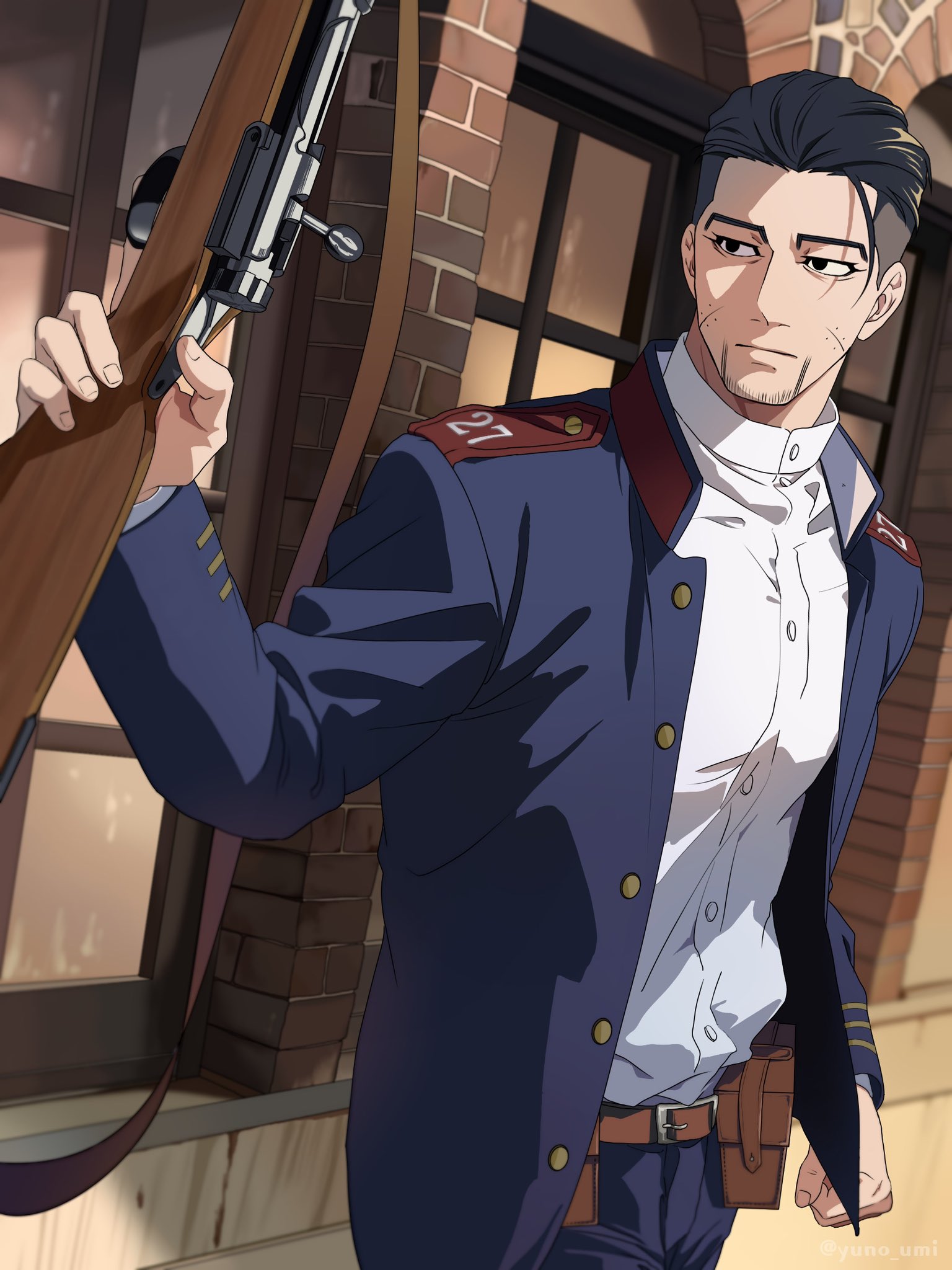 washiko (rasuko), ogata hyakunosuke, golden kamuy, highres, 1boy, bag, black eyes, black hair, blue jacket, buttons, facial hair, goatee stubble, gun, hair slicked back, holding, holding gun, holding rifle, holding weapon, jacket, long sleeves, male focus, outdoors, satchel, scar, scar on face, shirt, solo, stubble, weapon, white shirt