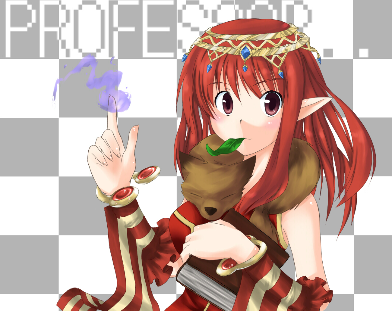 shika, professor (ragnarok online), ragnarok online, commentary request, 1girl, animal, animal around neck, blush, book, breasts, checkered background, circlet, closed mouth, detached sleeves, dress, fox, grey background, holding, holding book, index finger raised, leaf in mouth, long hair, looking at viewer, medium breasts, pointy ears, red dress, red eyes, red hair, red sleeves, sleeveless, sleeveless dress, smile, solo, striped sleeves, upper body, white background