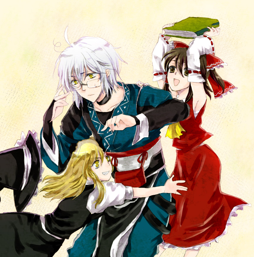 outlaw, unabara misumi, hakurei reimu, kirisame marisa, morichika rinnosuke, curiosities of lotus asia, touhou, silver hair, bad id, bad pixiv id, 1boy, 2girls, blonde hair, book, bow, brown hair, detached sleeves, glasses, glomp, hug, japanese clothes, long hair, miko, multiple girls, short hair, yellow eyes