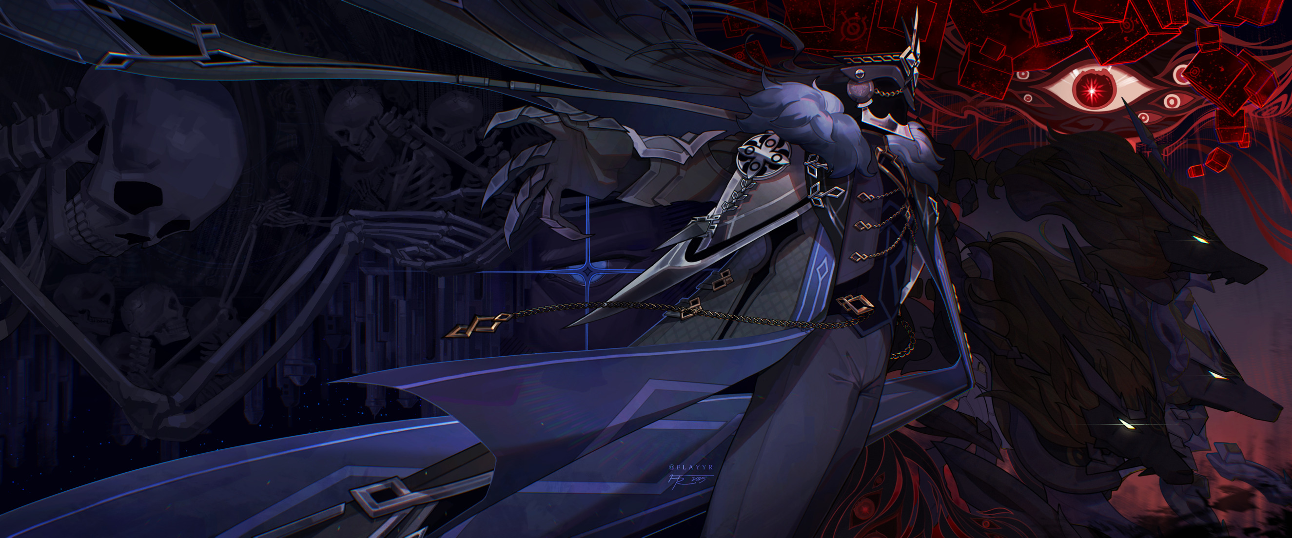 capitano (genshin impact), ronova (genshin impact), genshin impact, highres, 1boy, armor, cape, chain, cowboy shot, creature, cube, faceless, flayyrart, from side, fur collar, glowing, glowing eyes, gold chain, helmet, male focus, mask, outstretched hand, skeleton, smoke, standing, tiara, too many eyes, wolf