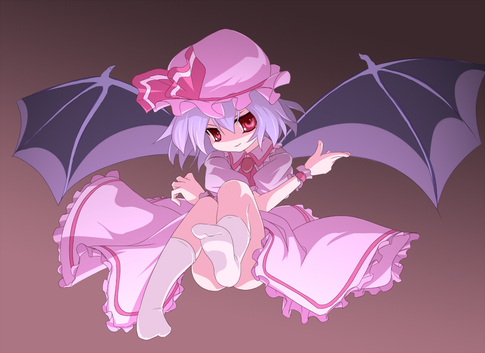 miko machi, remilia scarlet, touhou, 1girl, bat wings, blue hair, feet, female focus, full body, gradient background, hat, red eyes, ribbon, socks, solo, wings