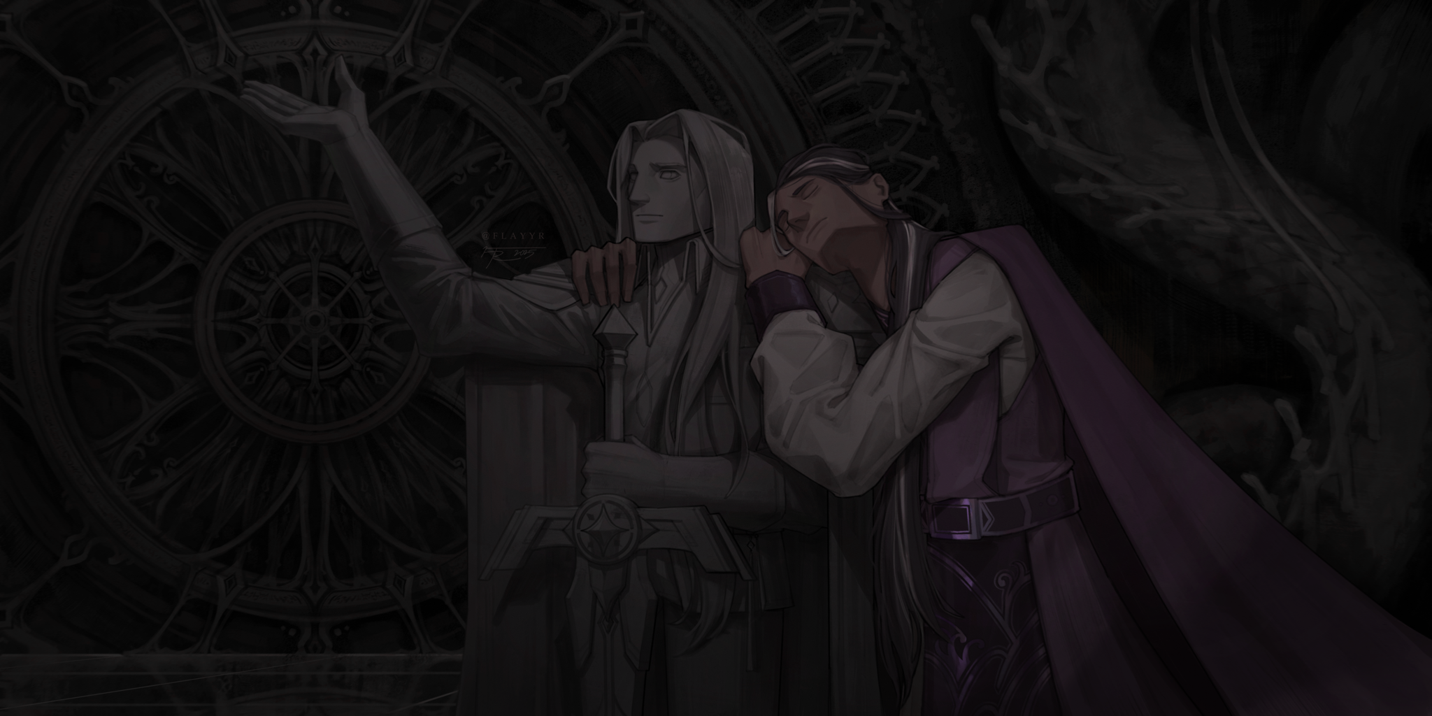 dark cacao cookie, dark choco cookie, cookie run, cookie run: kingdom, highres, 1boy, arm around neck, belt, black hair, cape, closed eyes, cowboy shot, curtained hair, dim lighting, flayyrart, gears, grey streaks, hair over shoulder, head on another's shoulder, holding, holding sword, holding weapon, long hair, male focus, outstretched hand, planted, planted sword, planted weapon, shirt, statue, sword, very long hair, weapon, white shirt