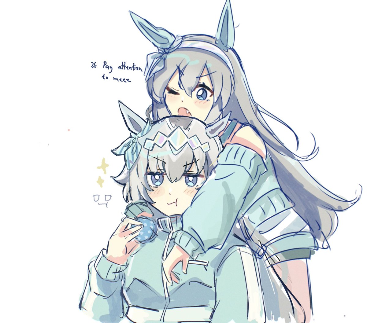 oguri cap (umamusume), tamamo cross (umamusume), umamusume, umamusume: cinderella gray, 2girls, ahoge, alternate costume, anger vein, animal ears, blue eyes, blue jacket, blue shorts, blush, chewing, closed mouth, detached sleeves, ear covers, ear ornament, eating, english text, fang, food, grey hair, hair between eyes, hair ornament, hairband, headband, height difference, holding, holding food, horse ears, horse girl, jacket, long hair, long sleeves, macaron, multicolored hair, multiple girls, nehlynn1, one eye closed, open mouth, shorts, simple background, sleeveless, sleeveless jacket, star (symbol), very long hair, white background