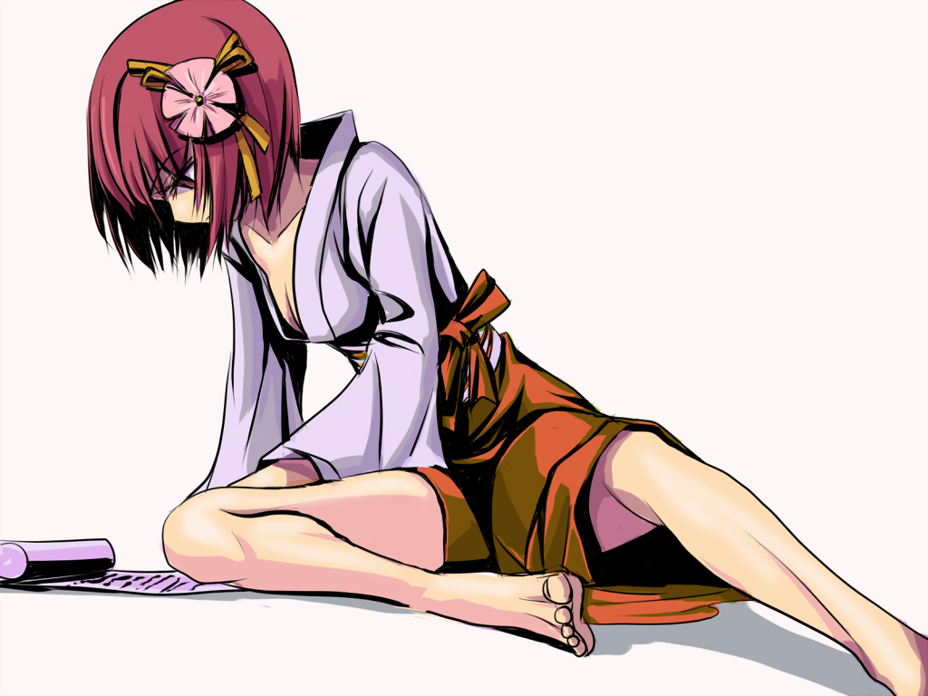 kuronuko neero, hieda no akyuu, touhou, 1girl, barefoot, breasts, feet, female focus, flower, japanese clothes, plant, purple eyes, purple hair, short hair, simple background, sitting, solo, spread legs, white background