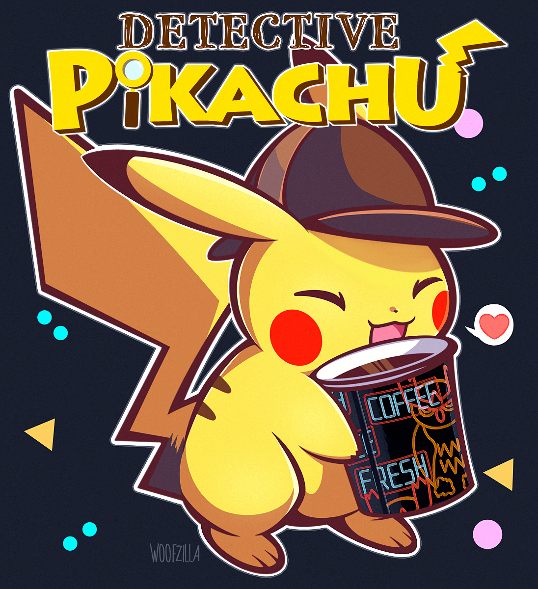 woofzilla, detective pikachu (character), pikachu, detective pikachu (game), detective pikachu (series), nintendo, pokemon, commentary, english commentary, highres, closed eyes, copyright name, cup, deerstalker, disposable coffee cup, disposable cup, full body, gen 1 pokemon, grey background, hat, heart, no humans, open mouth, outline, pokemon (creature), signature, solo, spoken heart, white outline
