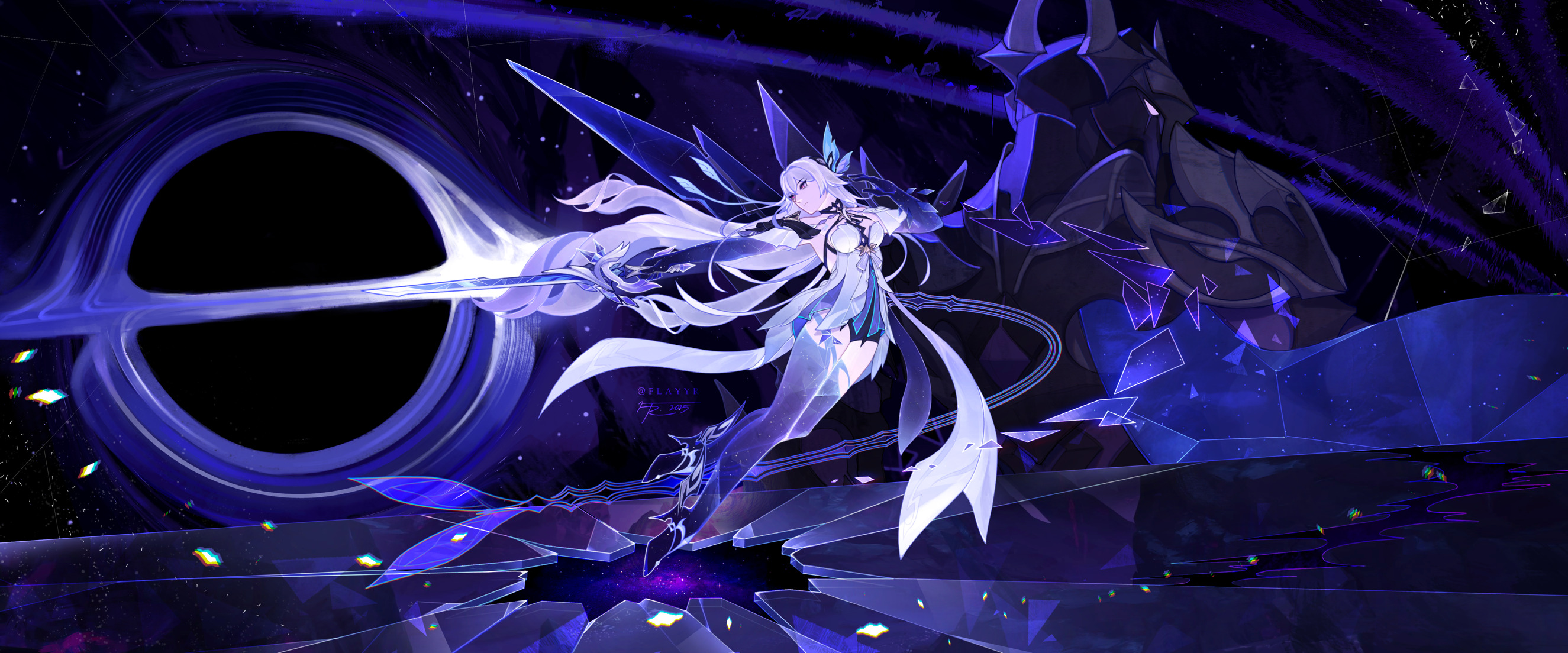 skirk (genshin impact), genshin impact, highres, 1girl, black hole, breasts, broken glass, cleavage, dress, elbow gloves, flayyrart, full body, glass, gloves, hair flowing over, high heels, holding, holding sword, holding weapon, long hair, purple eyes, serious, sky, space, star (sky), starry sky, starry sky print, sword, thighhighs, very long hair, weapon, white hair, zettai ryouiki